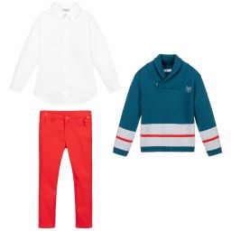 Tutto Piccolo-طقم بنطلون 3 قطع قطن لون أخضر، أبيض وأحمر للأولاد | Childrensalon Outlet