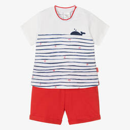 Tutto Piccolo-طقم شورت قطن جيرسي لون أبيض وأحمر للأولاد | Childrensalon Outlet