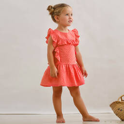 Tutto Piccolo-Коралловое платье из хлопка плюмети | Childrensalon Outlet