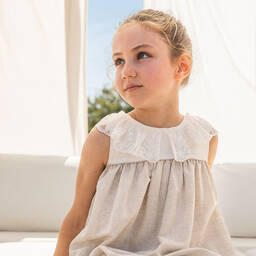 Tutto Piccolo-Girls Beige Linen & Cotton Dress | Childrensalon Outlet