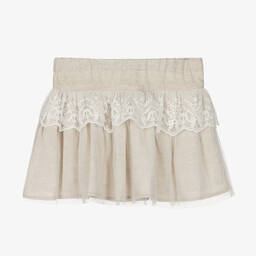 Tutto Piccolo-تنورة كتان وقطن لون بيج مزينة بدانتيل | Childrensalon Outlet