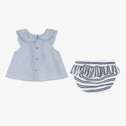 Tutto Piccolo-Girls Blue Striped Cotton Shorts Set | Childrensalon Outlet