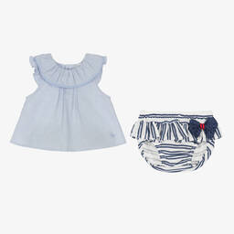 Tutto Piccolo-Girls Blue Striped Cotton Shorts Set | Childrensalon Outlet