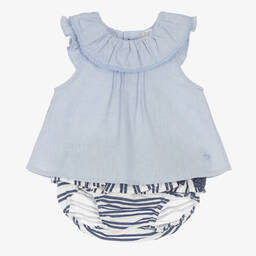 Tutto Piccolo-Girls Blue Striped Cotton Shorts Set | Childrensalon Outlet