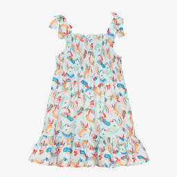 Tutto Piccolo-Girls Blue Tropical Shirred Cotton Dress | Childrensalon Outlet