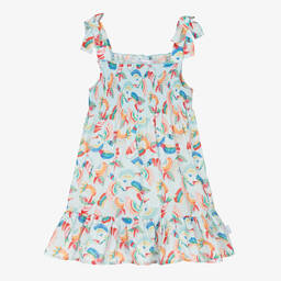 Tutto Piccolo-Girls Blue Tropical Shirred Cotton Dress | Childrensalon Outlet