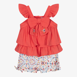 Tutto Piccolo-طقم شورت وتوب قطن لون أبيض وأحمر للبنات | Childrensalon Outlet
