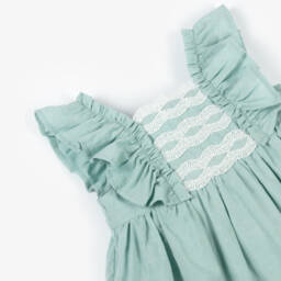Tutto Piccolo-Girls Emerald Cotton & Delicate Lace Dress | Childrensalon Outlet