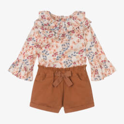 Tutto Piccolo-Girls Floral Beige Cotton Outfit Set | Childrensalon Outlet