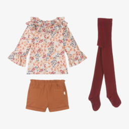 Tutto Piccolo-Girls Floral Beige Cotton Outfit Set | Childrensalon Outlet