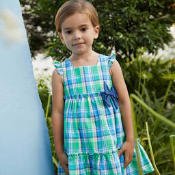 Tutto Piccolo-Зелено-голубое платье из хлопка в клетку | Childrensalon Outlet
