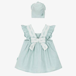 Tutto Piccolo-Girls' Green Linen Ensemble with Bonnet | Childrensalon Outlet