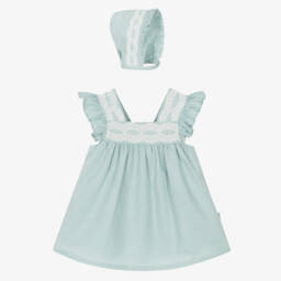 Tutto Piccolo-Girls' Green Linen Ensemble with Bonnet | Childrensalon Outlet