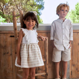 Tutto Piccolo-Girls Ivory & Beige Ruffle Dress | Childrensalon Outlet