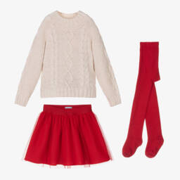 Tutto Piccolo-Girls Ivory Jumper & Red Skirt Set | Childrensalon Outlet