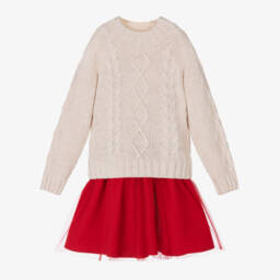 Tutto Piccolo-Girls Ivory Jumper & Red Skirt Set | Childrensalon Outlet