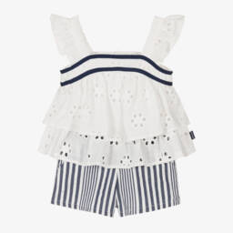 Tutto Piccolo-Girls Navy Stripe Cotton Ensemble | Childrensalon Outlet