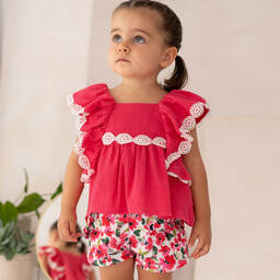Tutto Piccolo-Girls Pink Cotton Floral Shorts Set | Childrensalon Outlet