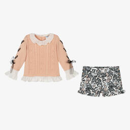 Tutto Piccolo-طقم شورت قطن محبوك لون زهري ورمادي | Childrensalon Outlet