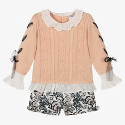 Tutto Piccolo-طقم شورت قطن محبوك لون زهري ورمادي | Childrensalon Outlet