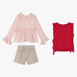 Tutto Piccolo-طقم شورت فيسكوز وقطن لون أحمر وبيج للبنات | Childrensalon Outlet