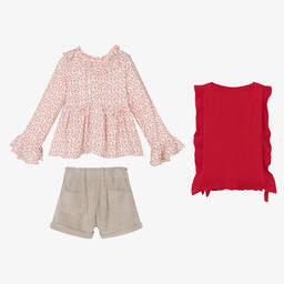 Tutto Piccolo-طقم شورت فيسكوز وقطن لون أحمر وبيج للبنات | Childrensalon Outlet