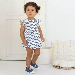 Tutto Piccolo-فستان أطفال بناتي قطن مقلم لون أبيض وكحلي | Childrensalon Outlet