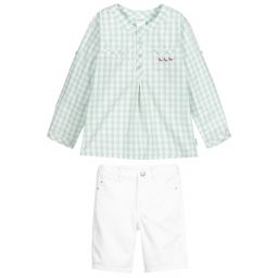 Tutto Piccolo-Зеленая рубашка в клетку и белые шорты | Childrensalon Outlet