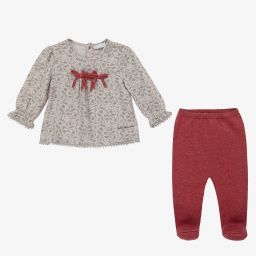 Tutto Piccolo-طقم بنطلون قطن لون رمادي وأحمر للمولودات | Childrensalon Outlet