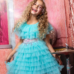 Tutu du Monde-فستان قطن وتول مزين بكشكش لون أزرق تركواز | Childrensalon Outlet