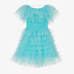 Tutu du Monde-فستان قطن وتول مزين بكشكش لون أزرق تركواز | Childrensalon Outlet