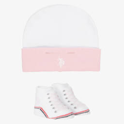 U.S. Polo Assn.-Baby Girls White Jersey Hat & Booties Set | Childrensalon Outlet