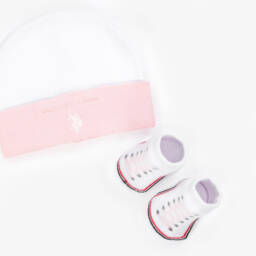 U.S. Polo Assn.-Baby Girls White Jersey Hat & Booties Set | Childrensalon Outlet