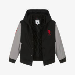 U.S. Polo Assn.-Boys Black & Grey Hooded Jacket with Double Horsemen Logo | Childrensalon Outlet