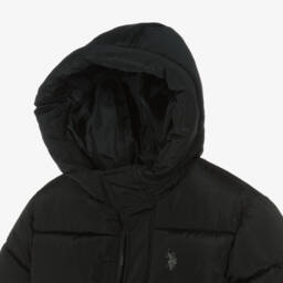 U.S. Polo Assn.-Boys Black Hooded Puffer coat with Double Horsemen Logo | Childrensalon Outlet