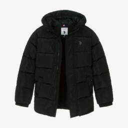 U.S. Polo Assn.-Boys Black Hooded Puffer coat with Double Horsemen Logo | Childrensalon Outlet