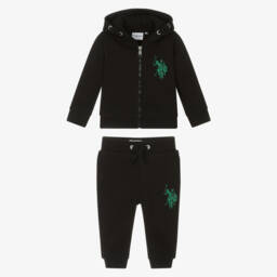 U.S. Polo Assn.-Boys Black Jersey Tracksuit with Green Double Horseman Logos | Childrensalon Outlet