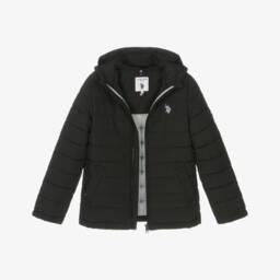 U.S. Polo Assn.-Boys Black Water Resistant Puffer Jacket With Hood | Childrensalon Outlet