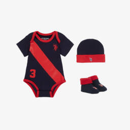 U.S. Polo Assn.-Boys Blue & Red Cotton Babysuit Set | Childrensalon Outlet