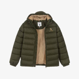 U.S. Polo Assn.-Boys Green Hooded Puffer Coat with Double Horsemen Logo | Childrensalon Outlet