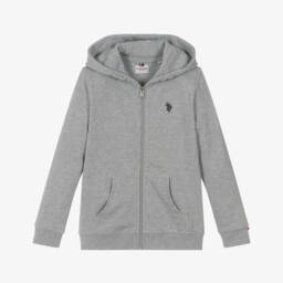 U.S. Polo Assn.-Boys Grey Cotton Hooded Zip-up Top with Embroidered Logo | Childrensalon Outlet
