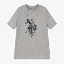 U.S. Polo Assn.-Boys Grey Cotton T-Shirt with Large Double Horsemen Logo | Childrensalon Outlet