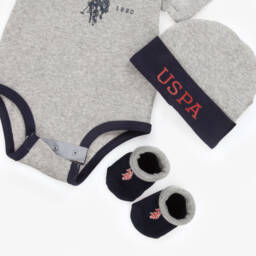 U.S. Polo Assn.-Boys Grey Marl Cotton Babysuit Set | Childrensalon Outlet