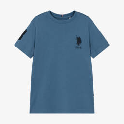 U.S. Polo Assn.-Boys Mid-Blue Cotton T-Shirt with Double Horsemen Logo | Childrensalon Outlet