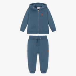 U.S. Polo Assn.-Boys Mid-Blue Cotton Tracksuit with Double Horsemen Logos | Childrensalon Outlet
