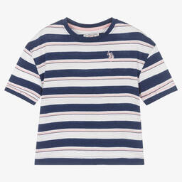 U.S. Polo Assn.-Girls Blue Striped Cotton T-Shirt | Childrensalon Outlet