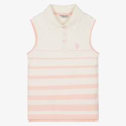 U.S. Polo Assn.-Girls Ivory & Pink Striped Polo Top | Childrensalon Outlet