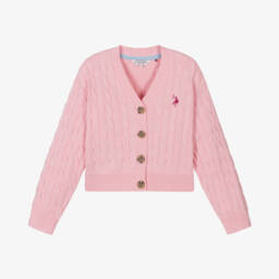 U.S. Polo Assn.-Girls Pink Cable Knit Cotton Cardigan | Childrensalon Outlet