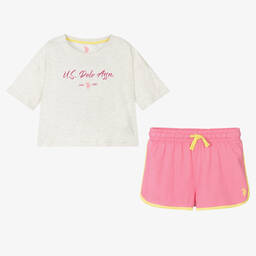 U.S. Polo Assn.-Girls Pink & Grey Shorts Set | Childrensalon Outlet