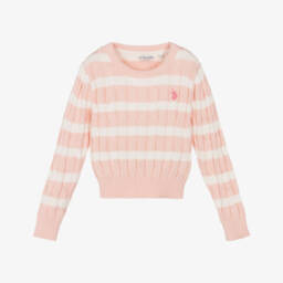 U.S. Polo Assn.-Girls Pink Stripe Cotton Cable Knit Jumper | Childrensalon Outlet